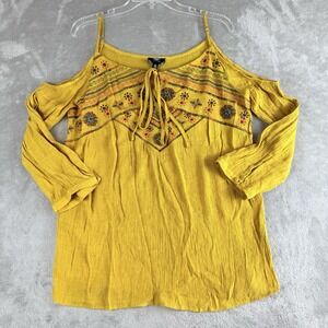 Perch By Blu Pepper‎ Tip Womens XXL Yellow Embroidered Gauzy Cold Shoulder Boho